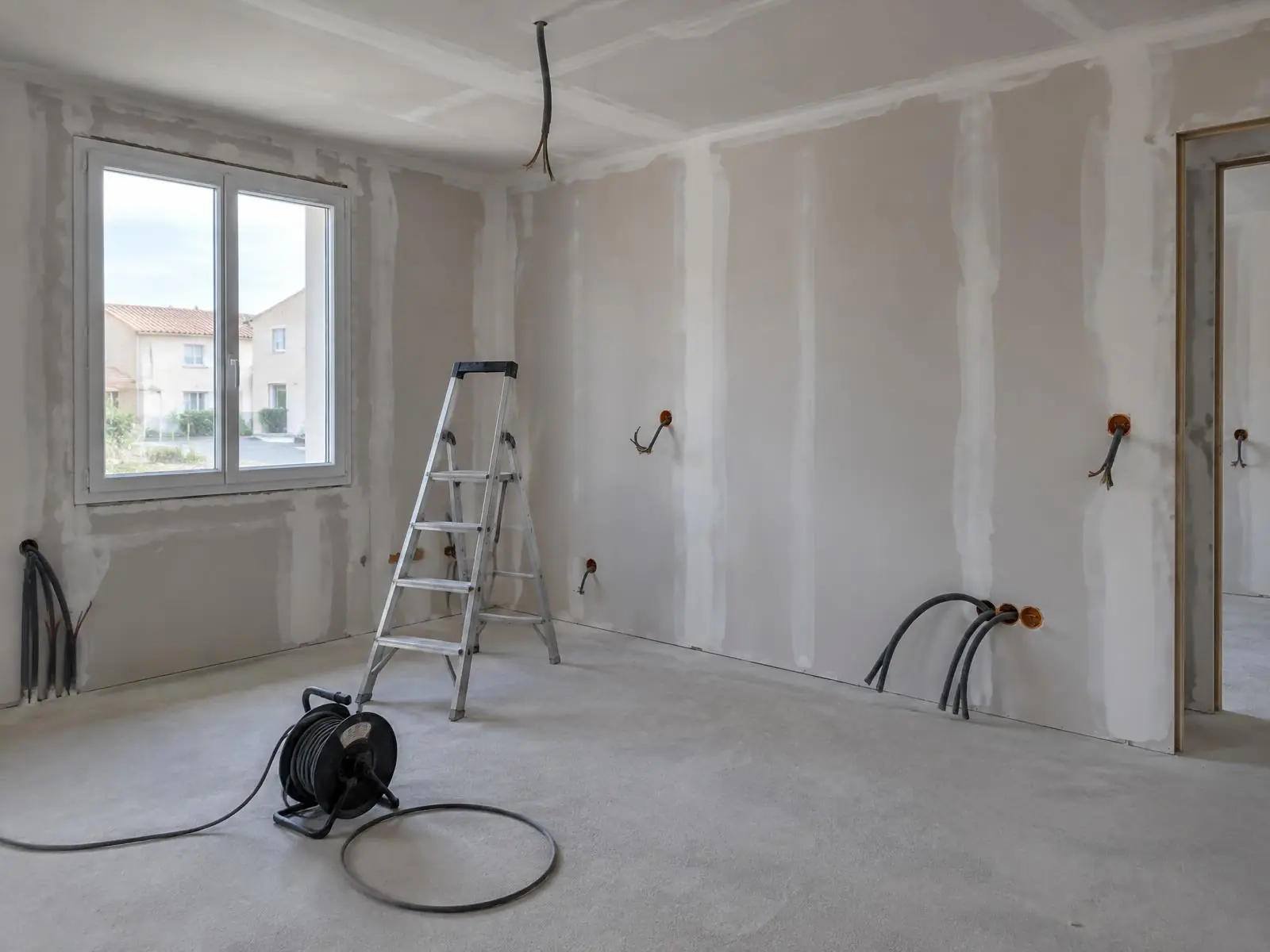 Maison neuve aux cloisons en plaques : boîtes posées, câbles en attente au plafond, escabeau et touret au sol