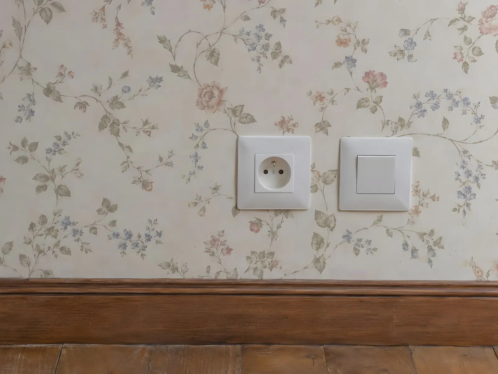 Papier peint fleuri fané : prise et interrupteur blancs modernes encastrés au-dessus d’une plinthe en bois